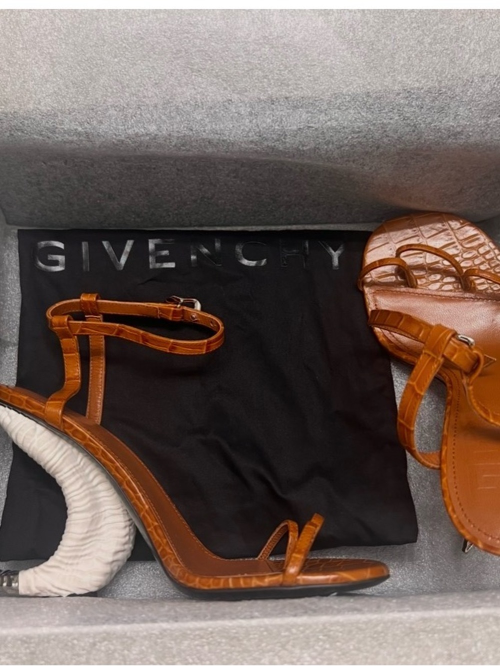 Givenchy Tan Croc-Effect Ankle-Strap Heels with Crocodile Embossed Horn Sandals - Picture 4 of 10